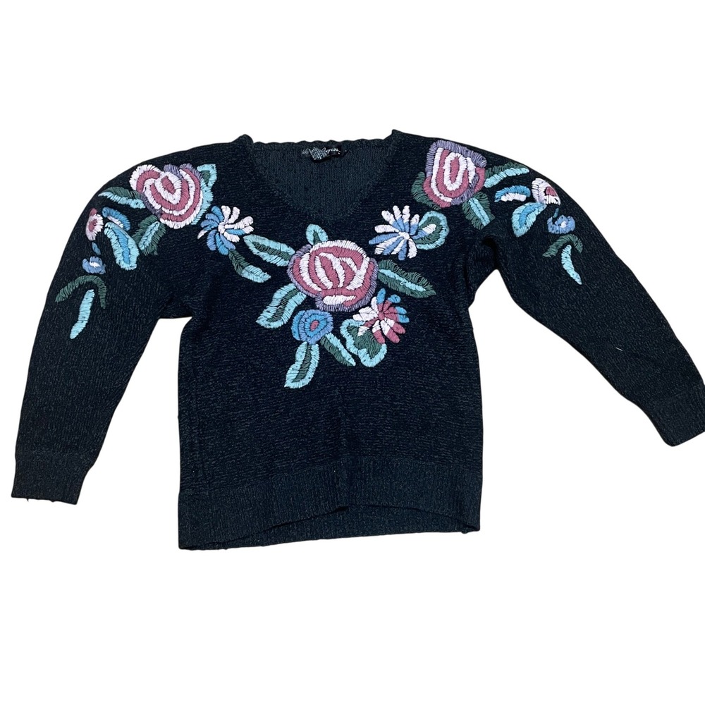 VTG Work In Progress Size M Silk Angora Blend Floral Embroidered Grandma Sweater